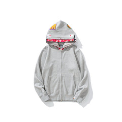 Bathing Shark print Hoodie Grey Pink Double Hood Cardigan Zip Hooded Fleece Shark