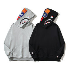 Bathing Shark print Hoodie Embroidery Solid Color Sweater Men