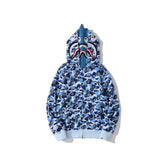 Bathing Shark print Hoodie Camouflage Double Hat Autumn/Winter Fleece Cardigan Zipper Loose Shark