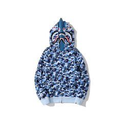 Bathing Shark print Hoodie Camouflage Double Hat Autumn/Winter Fleece Cardigan Zipper Loose Shark