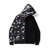 Bathing Shark print Ape Head Camouflage Stitching Sweatshirt Hooded Zipper Fleece Jacket