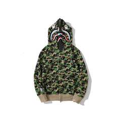Bathing Shark print Hoodie Camouflage Double Hat Autumn/Winter Fleece Cardigan Zipper Loose Shark