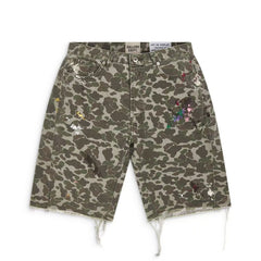 Gallery Dept Denim Shorts Hand-painted splash-ink washed cargo shorts – Camouflage streetwear-style casual knee-length shorts