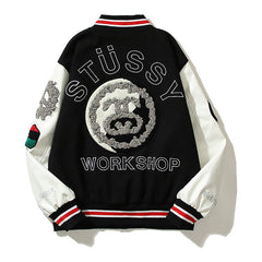 American-style baseball jacket Leather Sleeve S-Logo Graphic Oversized Embroidered Thickened Baseball Jacket ¨C Embracing the Vibe Aesthetic