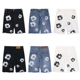 DENIM TEARS Denim shorts Denim All-Over Flower Wreath Graphic Oversized Frayed Hem Shorts