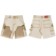 Gallery Dept Denim Shorts Street-style casual shorts featuring a mix of styles—including paint-splatter and woodcutter-inspired paneling—crafted from washed denim. Versatile and trendy.