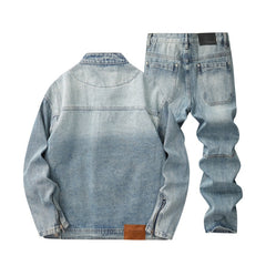 Denim Jacket & Jeans High-Street Trend Mens Y2K Streetwear Jacket Vintage Light Blue Washed Moto Biker Zip Front Casual Denim Outerwear (jacket and jeans must be purchased separately.)