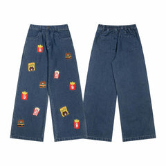 Street-style vintage jeans Retro Casual Loose Fit Straight Leg Jeans with Cute Bear Snacks Embroidery