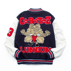 American-style baseball jacket Streetwear CRTZ heavyweight wool-blend jacket with leather sleeves and intricate, high-density embroidery.