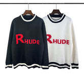 RHUDE knit sweater Bold Red Letter Contrast Trim Crewneck Knit Pullover