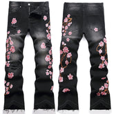 Mens Fashion Jeans Pink cherry blossom embroidered wide-leg pants 5710#