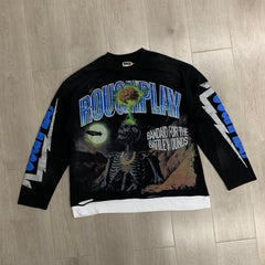 Roughplay Long sleeved shirt "Skull Shock" – A stylish fusion of DTG white ink printing and hot-fix rhinestones.