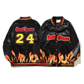 American-style baseball jacket Trending Vintage-Style Sports Sweatshirt: NBA-Inspired Flame Print & Retro Towel Embroidery