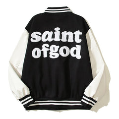 American-style baseball jacket High-street Saint of God American-style color-block varsity jacket for men; loose-fit unisex design featuring leather sleeves and a wool-blend body.
