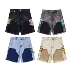 Gallery Dept Denim Shorts Street-style casual shorts featuring a mix of styles—including paint-splatter and woodcutter-inspired paneling—crafted from washed denim. Versatile and trendy.