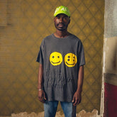 Mens T-shirt Vintage American-style Trendy Kanye-style oversized tee featuring a double-yolk smiley face design with puff print.