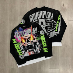 Roughplay Long sleeved shirt Power Skull High-Quality Streetwear Paneled Short-Sleeve Tee