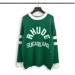 RHUDE knit sweater Collegiate Curved Text Motif Contrast Rib Cuff Relaxed‑Fit Knit Pullover
