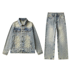 Denim Jacket & Jeans High-Street Trend Y2K Streetwear Jacket Vintage Yellow Mud Acid Wash Casual Denim Trucker Coat Loose Fit Outerwear (jacket and jeans must be purchased separately.)