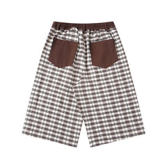 Street-style vintage Cropped trousers Retro Harajuku Style Wide-Leg Plaid Shorts with Cute Character Embroidery