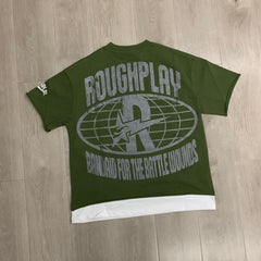 Roughplay T Shirts Island (OLIVE) 2026 SS White Ink Direct-to-Film (DTF) Print with Rhinestones