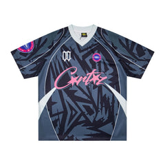 CORTEIZ T-shirt Y2K Blokecore Mesh Pink Script Signature & Gothic 00 Printed Oversized Soccer Jersey