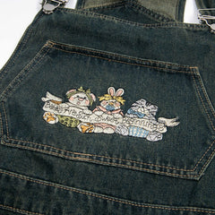 Street-style vintage jeans Women Overalls Y2K Vintage Denim Cargo Overalls with Lace-Up Waist and Cartoon Embroidery