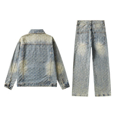 Denim Jacket & Jeans High-Street Trend Y2K Streetwear Jacket Vintage Yellow Mud Acid Wash Casual Denim Trucker Coat Loose Fit Outerwear (jacket and jeans must be purchased separately.)