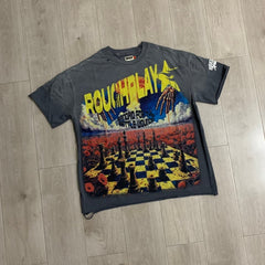 Roughplay T Shirts White-ink direct-to-garment printed T-shirt featuring a Western-style streetwear aesthetic