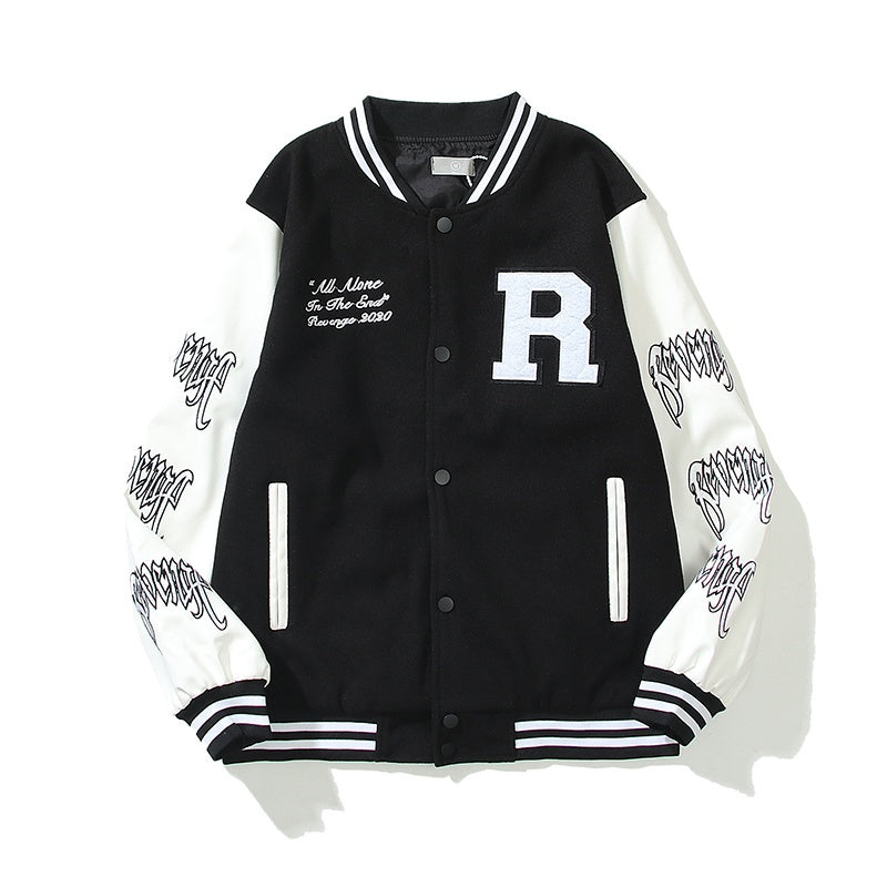 American-style baseball jacket Revenge Varsity Padded Jacket with Skull Embroidery and Leather Sleeves