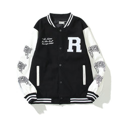 American-style baseball jacket Revenge Varsity Padded Jacket with Skull Embroidery and Leather Sleeves
