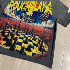 Roughplay T Shirts White-ink direct-to-garment printed T-shirt featuring a Western-style streetwear aesthetic