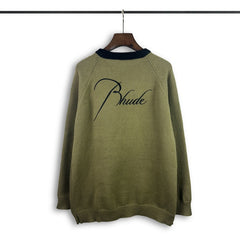 RHUDE knit sweater Two‑Tone Crewneck Raglan Knit With Front‑Back Calligraphy Graphic