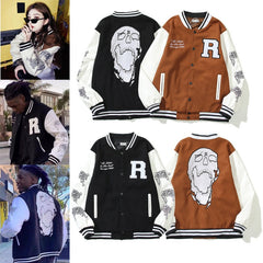 American-style baseball jacket Revenge Varsity Padded Jacket with Skull Embroidery and Leather Sleeves