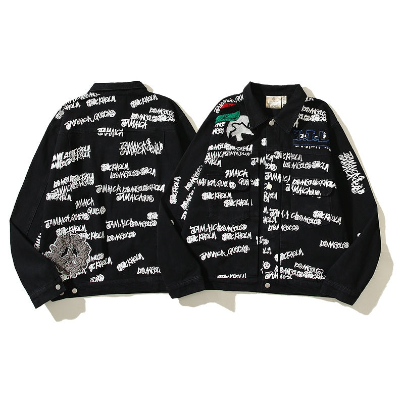 American-style baseball jacket Stu x Tears American High-Street Collaboration: Denim Jacket Featuring All-Over Barrage Text Print and Embroidered Cotton Boll Motifs.