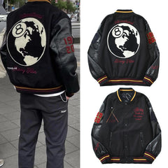 American-style baseball jacket Leather Sleeve 8-Ball Globe Graphic Oversized Streetwear Brand 40th Anniversary Limited Edition Black 8 Quilted Wool-Blend Varsity Jacket ¨C High-Street Hip-Hop Style with Embroidery (Kenijima-Style)
