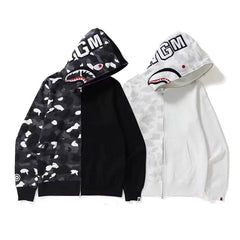 Bathing Shark print Hoodie Camouflage Stitching Sweatshirt Luminous Hooded Zipper Fleece Jacket