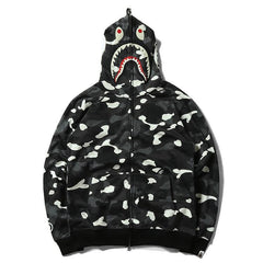 Bathing Shark print Hoodie Black and White Luminous Shark Coat Looped Fabric Hooded Shark Sweater Shark Embroidered Hoodie