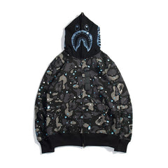 Bathing Shark print Hoodie Starry Sky Sweater Black and White Starry Sky Blue Shark Hat Printed Casual Hooded Sweater