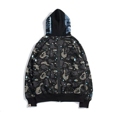 Bathing Shark print Hoodie Starry Sky Sweater Black and White Starry Sky Blue Shark Hat Printed Casual Hooded Sweater