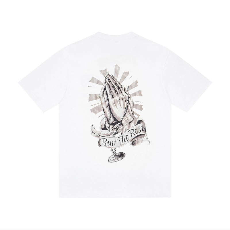 CORTEIZ T-shirt Y2K Small Left Chest Alcatraz Crest & Back Praying Hands Graphic Printed Oversized Tee