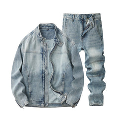 Denim Jacket & Jeans High-Street Trend Mens Y2K Streetwear Jacket Vintage Light Blue Washed Moto Biker Zip Front Casual Denim Outerwear (jacket and jeans must be purchased separately.)