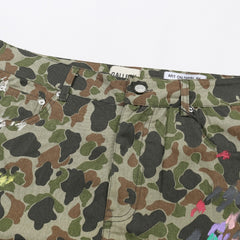 Gallery Dept Denim Shorts Hand-painted splash-ink washed cargo shorts – Camouflage streetwear-style casual knee-length shorts