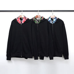 Bathing Shark print Hoodie Fall/Winter Double Hood Camouflage Shark Head Zipper Fleece Padded Coat Sweatshirt