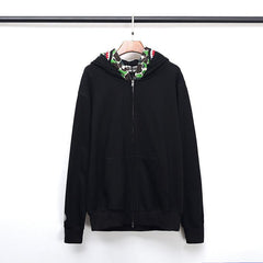 Bathing Shark print Hoodie Fall/Winter Double Hood Camouflage Shark Head Zipper Fleece Padded Coat Sweatshirt