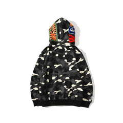 Bathing Shark print Hoodie Shark Head Embroidery Luminous Spot Camouflage Double Hood Brushed Hoody Men and Women
