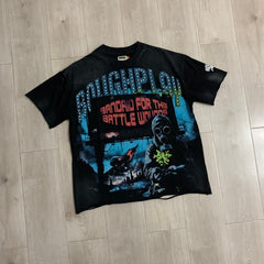 Roughplay T Shirts White Ink Direct-to-Garment Print "Gas Mask" Rhinestone-Embellished Washed & Distressed Short-Sleeve Tee