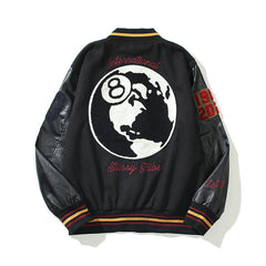 American-style baseball jacket Leather Sleeve 8-Ball Globe Graphic Oversized Streetwear Brand 40th Anniversary Limited Edition Black 8 Quilted Wool-Blend Varsity Jacket ¨C High-Street Hip-Hop Style with Embroidery (Kenijima-Style)
