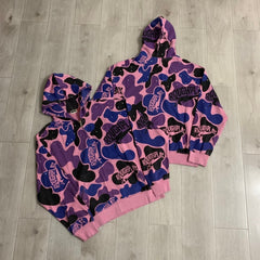 Roughplay Hoodie Pink Camo Rhinestone-Embellished Distressed Cardigan