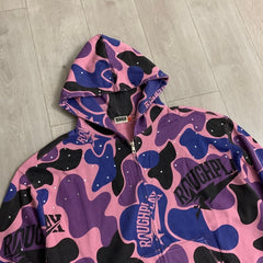 Roughplay Hoodie Pink Camo Rhinestone-Embellished Distressed Cardigan